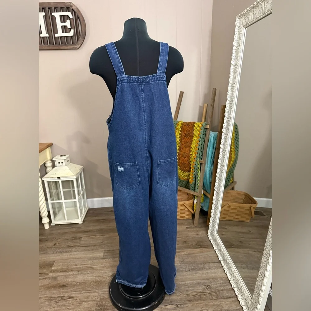 Wide Leg Distressed Oversized Jean Overalls - Picture 11 of 14